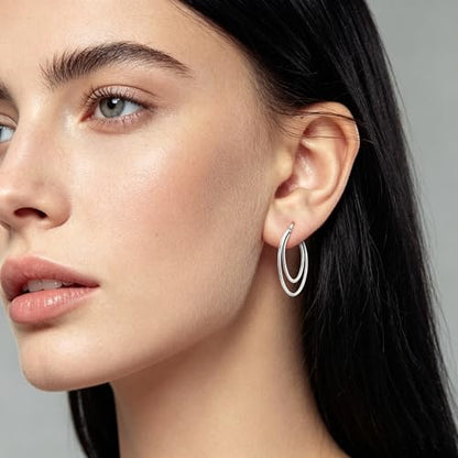 NARMO 925 Sterling Silver Earrings for Women Hypoallergenic Hoop Earrings - color: Double Hoop