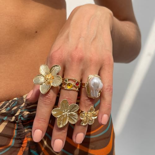 Gold Rings Set for Women 6Pcs Adjustable Open Band Rings Pack with Pearl Flower Leaf Textured Gem Design Alloy Stackable Chunky Statement Jewelry