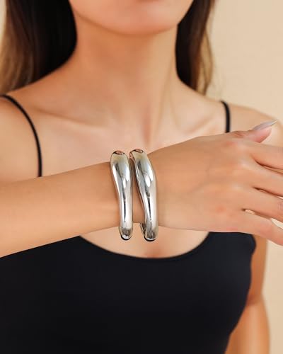 2pcs Gold Bangle Bracelets for Women, Trendy Hinged Cuff Open Wide Chunky Gold Bracelet Stack Arm Cuff Jewelry for Women - color: E-Silver Bangle
