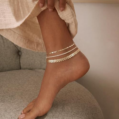 DEARMAY Gold Anklets for Women Waterproof | Non Tarnish14K Gold Plated Ankle Bracelets Set Stack, Summer Beach Jewelry Gifts for Vacation - color: Gold Anklet-J