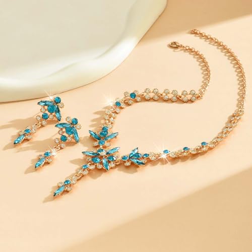 Wedding Jewelry Sets for Brides Rhinestone Necklace and Earring Set Bracelet Ring Gold Silver Prom Jewelry Sets Diamond Flower Teardrop Necklace for Women - color: Style5-Blue