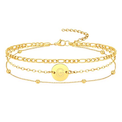 18K Gold Plated Initial Bracelets for Women - Stainless Steel Layered Letter Charm Bracelet A to Z - Gold Jewelry Christmas Birthday Gifts - color: G