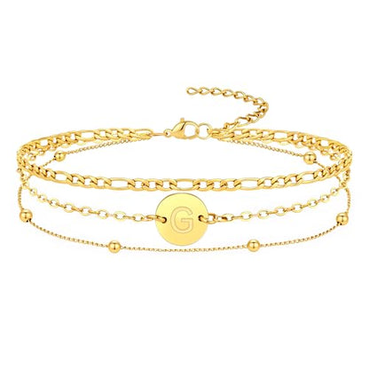 18K Gold Plated Initial Bracelets for Women - Stainless Steel Layered Letter Charm Bracelet A to Z - Gold Jewelry Christmas Birthday Gifts - color: G
