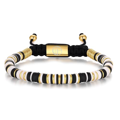 18K Gold-Plated Bracelets for Men Franco Link Chain Adjustable | Stainless Steel Bracelet, Gold Beads Bracelet, Handcrafted Braided, Mens Jewelry Birthday Gift for Men - color: Black with White
