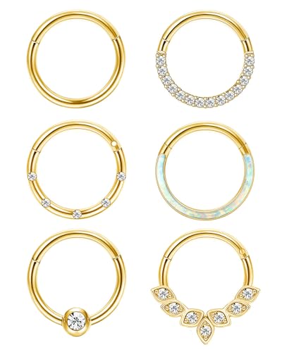 Jstyle 6Pcs 16G 18G Septum Rings Surgical Steel Nose Rings Hoop for Women Opal CZ Daith Cartilage Hoop Earring Clicker Septum Jewelry Hinged Hoop Nose Ring Lip Helix Rook Tragus Piercing Jewelry - color: Gold