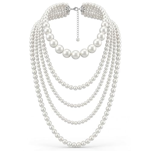 Aurelema Multilayer Long Pearl Necklaces for Women Adult Faux Pearl Tassel Strand Layered Beaded Choker Jewelry for Costume Evening Party Daily Wear
