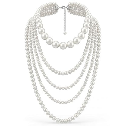 Aurelema Multilayer Long Pearl Necklaces for Women Adult Faux Pearl Tassel Strand Layered Beaded Choker Jewelry for Costume Evening Party Daily Wear