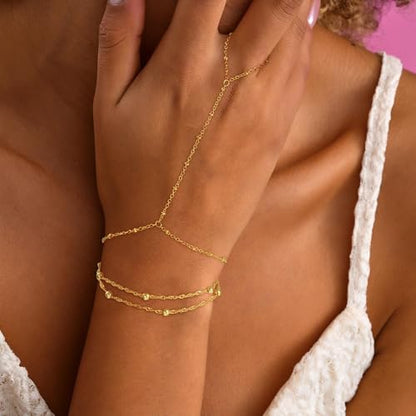 Hand Chain Bracelets for Women - 14K Real Gold Plated Dainty Stackable Paperclip Link Bracelets Hand Chain Bracelet Ring Gold Bracelets for Women Trendy - color: 5 Layered Bead Hand Chain