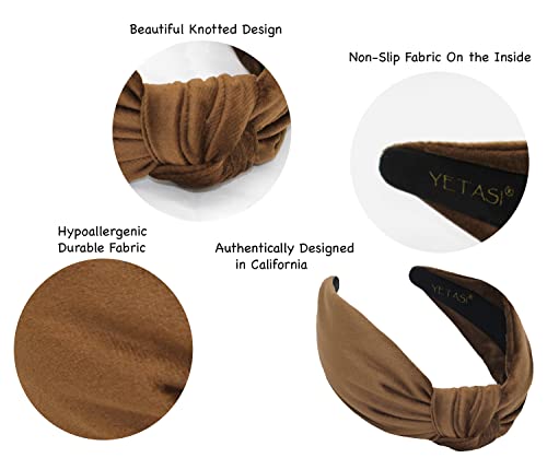 Women's Headbands: Brown Velvet Chic Knotted Top Knot, Trendy Fashion Designer Head Band - color: Brown