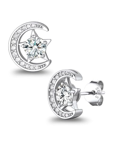 Suplight Sterling Silver Moon and Star Birthstone Crystal for Women with Dainty Silver Necklaces/Stud Earrings 1-12 Month Birthstone Emerald Pendant Sparkling Cubic Zirconia Gem Dainty Jewelry for Birthday Everyday - color: 04.April ( Clear Quartz)