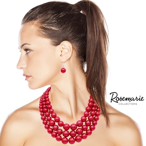 Rosemarie & Jubalee Women's 3 Colorful Multi Strands Simulated Pearl Necklace And Earrings Jewelry Gift Set, 18"+3" Extender - color: Metallic Red Silver Tone