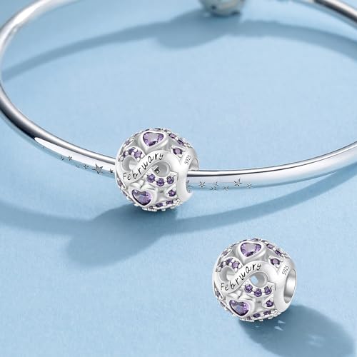 MICOO 925 Sterling Silver Jan-Dec Birthstone Charms For Bracelets and Necklaces, Original DIY Bead Charms With Cubic Zirconias Jewelry Birthday Gifts For Women. - color: 2-Feb Birthstone charm