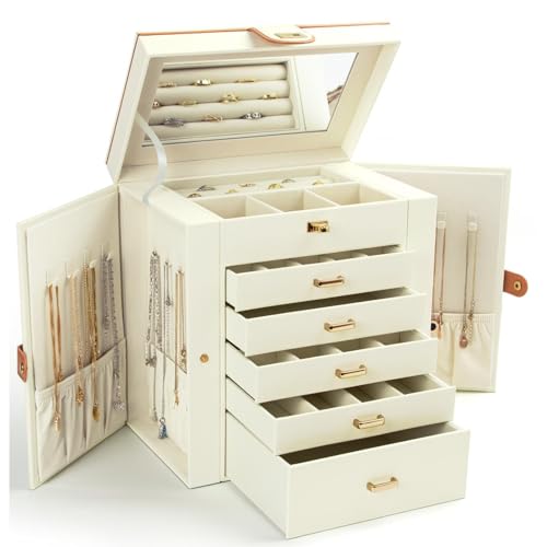 KAMIER Jewelry Box for Women, 6-Layer Large Jewelry Holder Organizer Box with Mirror & 5 Drawers for Rings, Earrings, Necklaces, Bracelets,White - color: White