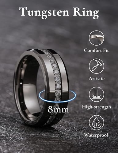 King Will 8mm Tungsten Carbide Rings for Men Cubic Zircon Stones Inlay - color: Gunmetal 8mm