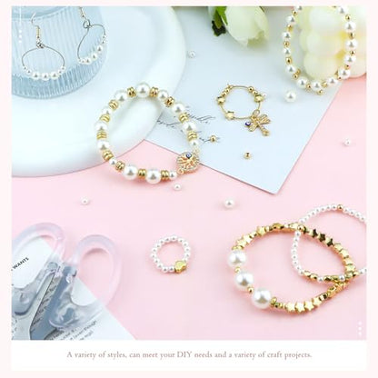 Gold Spacer and Pearl Beads for Bracelets, 5 Sizes White Pearls and 5 Styles Gold Beads, Bracelet Making Kit for Jewelry Making Necklaces Earrings DIY Crafts (720 Pcs)