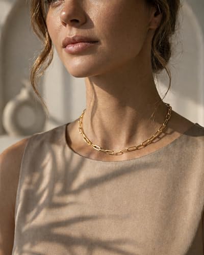 Paperclip Chain Necklace for Women | Sterling Silver or 14K Gold Plated | 2.8mm 3.2mm 5.5mm | 16–30 Inch Italian Link Layering Chain - color: Gold Plated - 3.2mm