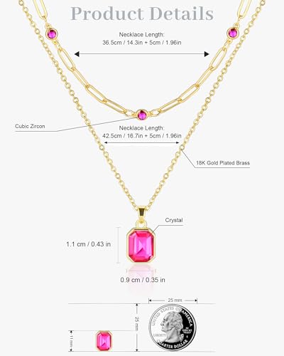 Gold Layered Necklaces for Women, 18k Gold Plated Crystal Necklace Paperclip Choker Emerald Green Jewelry for Women Gifts - color: Rose Pink