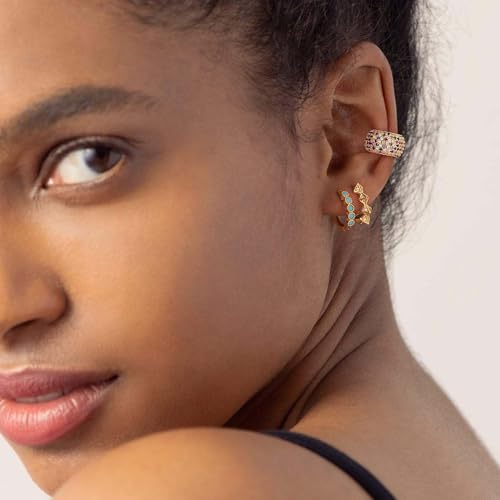 Chunky Ear Cuff Earrings for Women Single | Non Piercing, Clip On, 14K Gold Plated, Cubic Zirconia, Hypoallergenic, Jewelry Gifts - style: Colorful Wide
