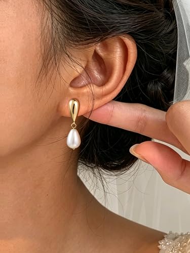 Pearl Drop Earrings 14K Gold Plated Dainty Bridesmaid Jewelry Gift - color: gold