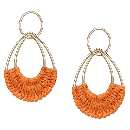 Raffia Hoop Earrings for Women Fun Boho Summer Beach Earrings Lightweight Handmade Straw Wicker Rattan Dangle Earrings Statement Geometric Round Drop Earrings - color: Orange - Teardrop