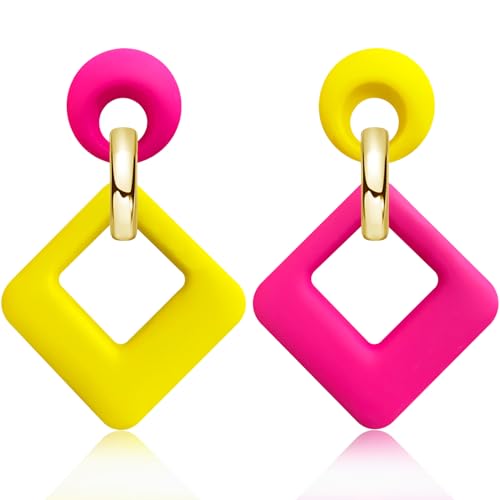 70s 80s Vintage Resin Neon Square Dangle Drop Earrings Simplicity Acrylic Hollow Round Circle Geometry Stud Earrings for Women - style: Rose Red Yellow
