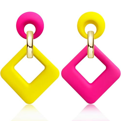 70s 80s Vintage Resin Neon Square Dangle Drop Earrings Simplicity Acrylic Hollow Round Circle Geometry Stud Earrings for Women - style: Rose Red Yellow