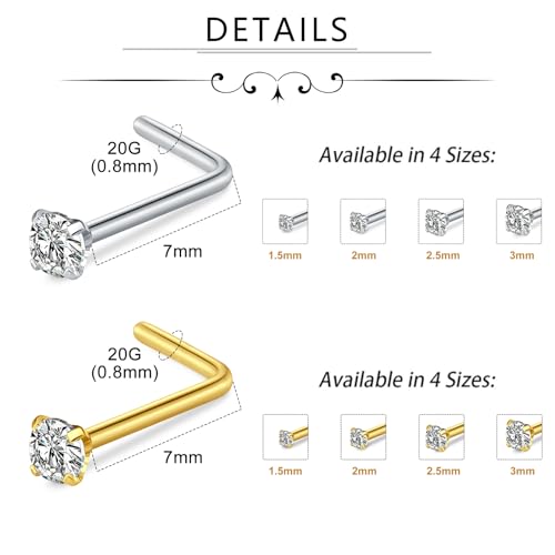 Incaton 20G Stainless Steel Nose Rings for Women Nose Rings Hoops L Shaped Nose Studs Screw Nose Piercing Jewelry for Women Men Silver Rose Gold Black Rainbow - color: 8P STUD GOLD + SILVER