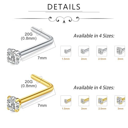 Incaton 20G Stainless Steel Nose Rings for Women Nose Rings Hoops L Shaped Nose Studs Screw Nose Piercing Jewelry for Women Men Silver Rose Gold Black Rainbow - color: 8P STUD GOLD + SILVER