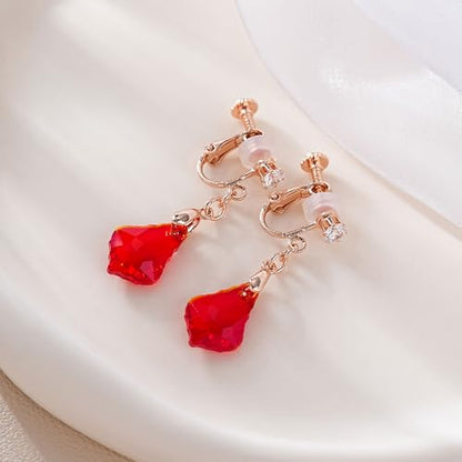 Austrian Crystal Baroque Drop Clip On Dangle Earrings for Women Non Pierced 14K Rose Gold Plated Hypoallergenic Jewelry - color: Red