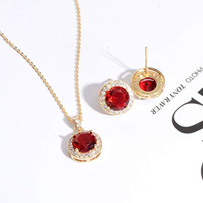 Bridal Crystal Jewelry Set - Sterling Silver Round Cubic Zirconia CZ Rhinestone Halo Birthstone Pendant Necklace Stud Earrings Set for Wedding Bride Bridesmaids Birthday Gift - color: Ruby Red