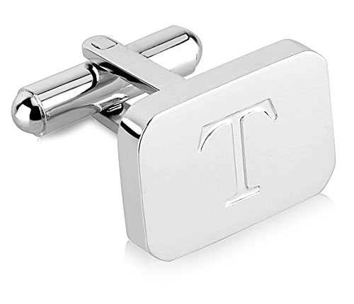 18K White-Gold Plated Initial Engraved Stainless Steel Men’s Cufflinks With Gift Box -Personalized Alphabet Letter’s A-Z By Lux & Pair - style: T- White Gold