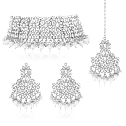 Aheli Faux Pearl Choker Necklace with Earrings Indian Traditional Bollywood Jewelry Set Gift for Women - color: Rhodium White