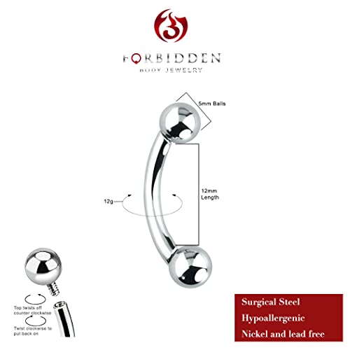 Forbidden Body Jewelry Curved Barbell Piercing Jewelry - 00GA-16GA Silver Eyebrow Piercing - Surgical Steel Snake Eye Frog Eyes Tongue Rings & Belly Rings for Women (6/14mm Bar, 3/12mm Balls) - style: 12GA, 12mm Length, 5mm Balls