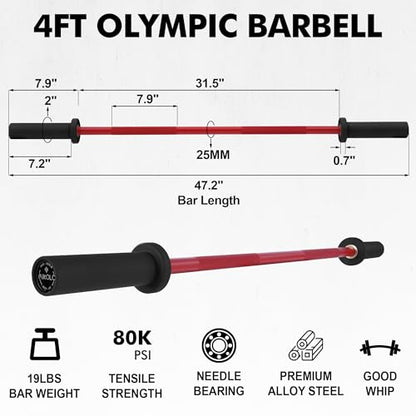 Mikolo EZ Curl Bar, 2 Inch Olympic Curl Bar for Biceps and Triceps, 47” Curling Bar with Knurled Grip, 700LB Barbell Bar with Multi-Angle Wrist-Friendly Design - color: Red - 4ft Straight Bar - Bar Only