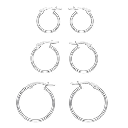 Charmsy Set of 3 Pairs 925 Sterling Silver Hoop Earrings for Women | Lightweight Italian 2.5mm Tube Diamond-Cut Classic Texured Click-Top Hoops Earring | Size 12/13/15/18/20/25mm - color: Silver 20/15/12mm