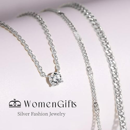 WomenGifts Layered Gold Necklaces for Women, 14K Gold Sterling Silver Plated Dainty Pendant Necklace Set Non Tarnish, Chunky Stackable Cuban Chain Choker, Trendy Birthstone Vacation Jewelry Gift - color: Silver, style: Cubic Zirconia