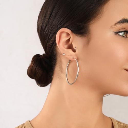 2mm Sterling Silver Big Hoop Earrings For Women - Large Hypoallergenic Circle Endless Thin Oversize Silver Hoops - color: Set,40mm/50mm/60mm,silver