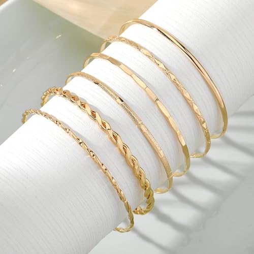 IFKM Gold Bangle Bracelets For Women, 14k Gold Plated Multi Layer Stackable Cuff Bracelet Set, Trendy Elegance Charms Non Tarnish Minimalist Textured Boho Jewelry Gift for Women - style: 6pcs Rhombus smooth intersect