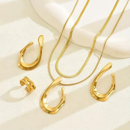 5PCS Gold Plated Jewelry Set for Women Valentine Anniversary Birthday Friendship Holiday Gift,Stainless Steel Necklace Earrings Ring Set
