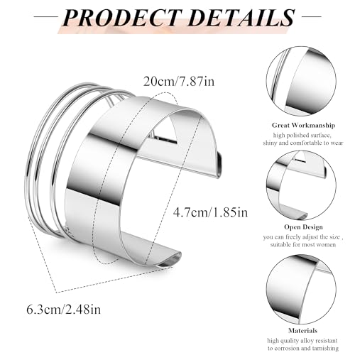 2Pcs Cuff Bangle Bracelet for Women Open Wide Bangle Bracelet Set | minimalist statement bangle bracelets，wrist cuff wrap bracelet adjustable，open wide wire grooved hammered bracelet set - color: 2PCS-Sliver-F