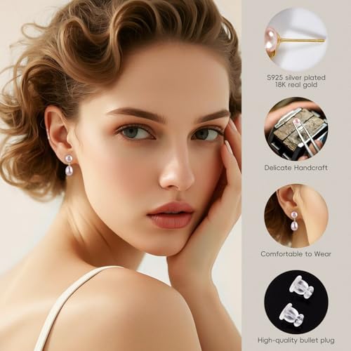 Petite Pearl Drop Earrings for Women - Real Freshwater Cultured Pearls Collection, S925 Sterling Silver Hypoallergenic Posts, 18K Gold Plated Dainty Jewelry - color: Pink