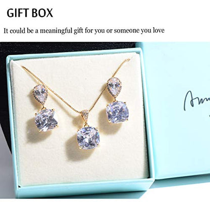 Elegant Jewelry Set for Women Silver Teardrop CZ Drop Earrings and Necklace | Square Teardrop Cubic Zirconia Rhinestone Jewelry Sets Bridal Jewelry Sets for Wedding Bride Bridesmaids Mother of Bride - style: Shining Beauty (14k Gold Plated)
