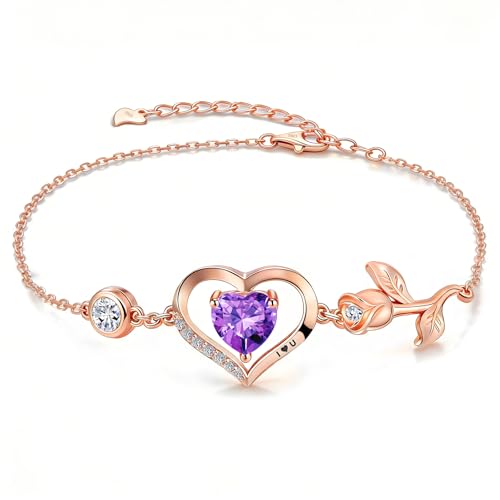 1CT Rose Heart Birthstone Bracelet for Women Love Gift - style: 02-Feb Dark Purple Rose Gold