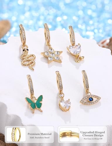 JOERICA 6 Pcs 14G Clicker Belly Button Ring for Women 316L Surgical Steel Butterfly Snake Evil Eye Heart CZ Opal Dangle Belly Button Rings Simple Reverse Navel Rings Body Belly Piercing Jewelry - color: Gold Tone A