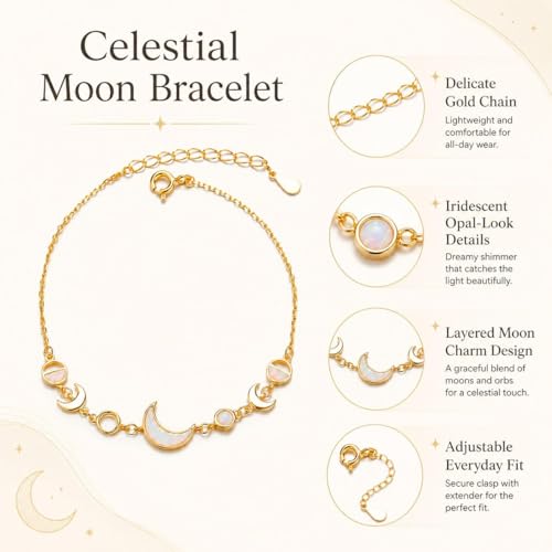Moon Phase Bracelet Gold/Silver Opal Moon Charm Bracelet Adjustable Opal Style Crescent Charm Chain Bracelets with White Bead Accents Celestial Jewelry Outfit Accessories Gift for Women - color: A1: Gold Opal