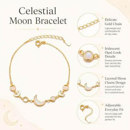 Moon Phase Bracelet Gold/Silver Opal Moon Charm Bracelet Adjustable Opal Style Crescent Charm Chain Bracelets with White Bead Accents Celestial Jewelry Outfit Accessories Gift for Women - color: A1: Gold Opal