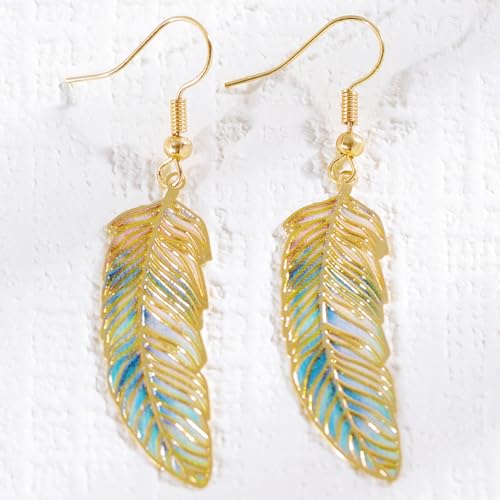 Bohemian Colorful Feather Drop Earrings for Women,Fashion Gradient Leaf Danging Earring Lightweight Hook Shaped Statement Jewelry - color: color B