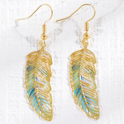 Bohemian Colorful Feather Drop Earrings for Women,Fashion Gradient Leaf Danging Earring Lightweight Hook Shaped Statement Jewelry - color: color B