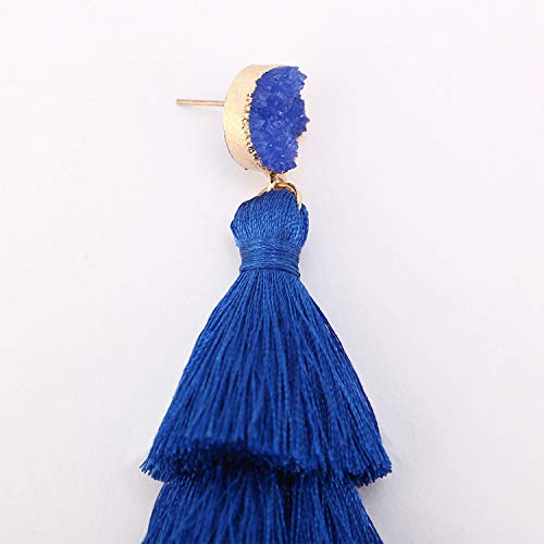 Bohemian Tiered Tassel Earrings with Druzy Stud for Women | Long Layered Fringe Drop Earrings, Statement Jewelry for Party Beach Festival - color: Royal Blue