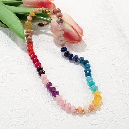Joya Love Colorful Gemstone Beaded Necklaces For Women Trendy Rainbow Natural Stone Boho Handmade Stainless Steel Waterproof Strand Necklaces Jewelry For Women Gift - color: Red Blue